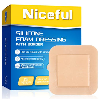 Niceful Silicone Foam Dressing 4"x4" 25 PCS for Bed Sores Post Surgery | 5-Layer Silicone Foam, High Absorbency, Waterproof Breathable, Sensitive Skin, Pressure Ulcers & Post-Op, 2.5"X2.5" Pad - size: 4"x4"(25 PCS)