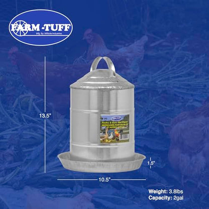 FARM-TUFF Galvanized Poultry Waterer, 2 Gallon Capacity - Double-Wall Poultry Fountain with Cone Top - Automatic Gravity-Fed Water Dispenser for Chickens, Ducks & Game Birds - size: 2 Gallon Capacity