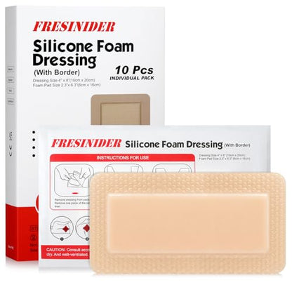 FRESINIDER 4" x 8" Pack of 10 Silicone Foam Wound Dressing - Waterproof Adhesive Bandages with Bordered - Super Absorbent & Breathable for Optimal Wound Care - color: 4" X 8", 10 Pack