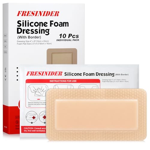 FRESINIDER 4" x 8" Pack of 10 Silicone Foam Wound Dressing - Waterproof Adhesive Bandages with Bordered - Super Absorbent & Breathable for Optimal Wound Care - color: 4" X 8", 10 Pack