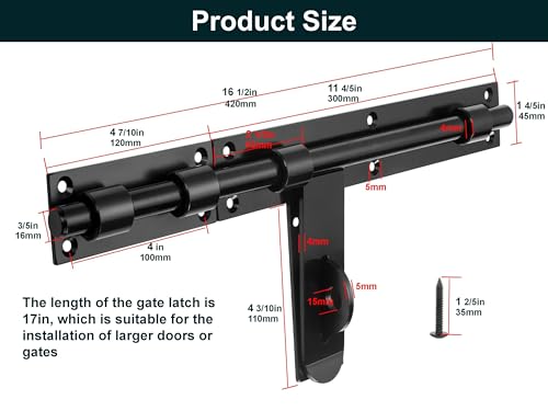 17" Slide Bolt Gate Latch，Face Mount Weld/Screws on gate Left/Right Side