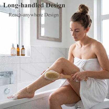 MtBoi Dual-Sided Back Scrubber - Long Bamboo Handle Shower Brush with Anti-Slip Grip, Stiff Natural Boar Bristles for Deep Exfoliation & Soft Nylon Bristles for Gentle Care, Wet/Dry Brushing