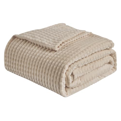 EMME Fleece Blanket Twin Size Luxury Flannel for Couch Bed Sofa Chair, Soft, Plush, Warm and Cozy Blanket with Geometric Grid Design (Beige, 60'' x 80'') - color: 01-grid-beige, size: Twin