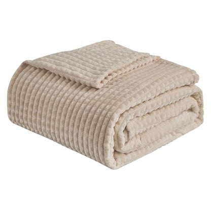 EMME Fleece Blanket Twin Size Luxury Flannel for Couch Bed Sofa Chair, Soft, Plush, Warm and Cozy Blanket with Geometric Grid Design (Beige, 60'' x 80'') - color: 01-grid-beige, size: Twin
