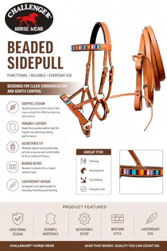 Horse Western Tan Leather Padded Bitless Training Sidepull Bridle Reins - color: Tan Beaded Serape