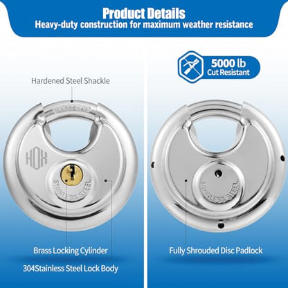 HOX Keyed Disc Padlock, Stainless Steel Keyed-Alike Padlocks, 4-Pack Heavy Duty Locks, Waterproof Outdoors Lock with 3/8 Inch Shackle, 2-3/4 Inch Wide Body, for Hasp Latch, Fences, Storage Locker - color: DP-4P