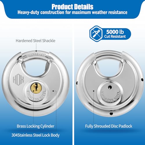 HOX Keyed Disc Padlock, Stainless Steel Keyed-Alike Padlocks, 6-Pack Heavy Duty Locks, Waterproof Outdoors Lock with 3/8 Inch Shackle, 2-3/4 Inch Wide Body, for Hasp Latch, Fences, Storage Locker - color: DP-6P
