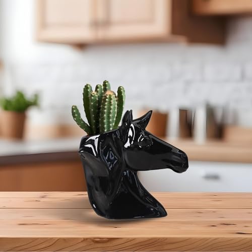 Cute Ceramic Succulent Horse's Head Garden Pots w/Pottery Quality Finish, Cute Planting Pot, Indoor Plant Pot for Flowers & Herbs，Home Desktop Office Windowsill Decoration Gift. (Black) - color: Black