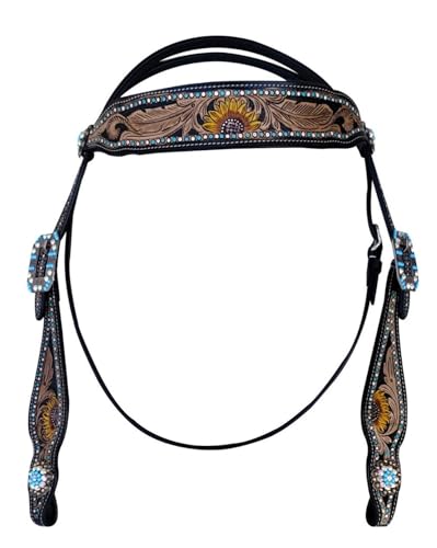 Majestic Ally Hand-Tooled Designer Padded Leather Horse Browband Headstall Breastcollar Set, Browband Headstall, Breastcollar (Headstall)