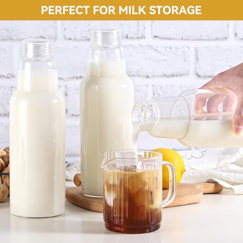 CWHHRN 34 Oz Glass Juice Bottles with Lids, 4 Pack Glass Bottles | BPA Free Leakproof Borosilicate Glass, Beverage Storage & Shaker Bottles