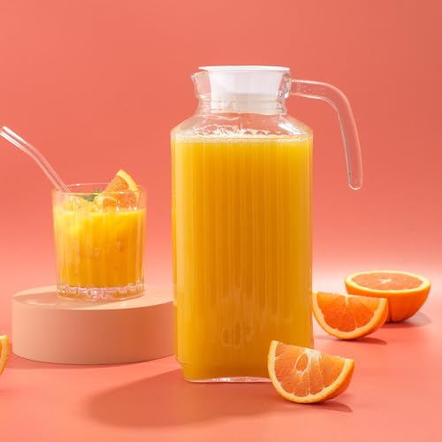 JoyJolt 60oz Glass Pitcher with Lid (2 Lids) - Beverage Serveware and Storage Container for Cold Drinks and Liquids. Juice Container, Water Jug, Fridge Pitcher for Iced Tea or Milk - size: 60 Ounces