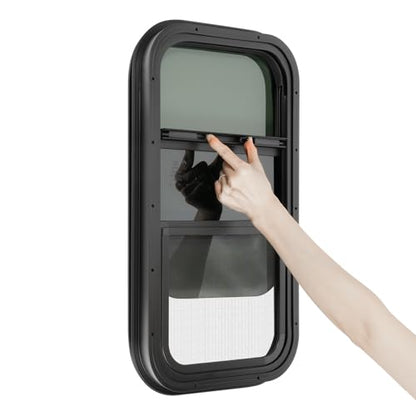 Vertical RV Window, 23.3*13.4*1.7in, Tinted Sliding RV Window, RV Window Replacement, Teardrop Style, with Net Screen and Trim Ring, Fit for Thickness Wall 0.12-0.24in and 2.13in