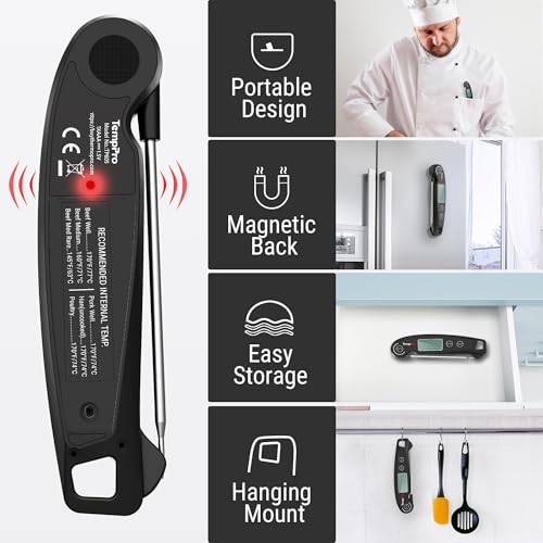 TempPro TempSwift 1 SEC Instant Read Meat Thermometer for Cooking | 100% Waterproof Digital Food Thermometer with Large Backlit LCD, Kitchen Thermometer for Grilling, Smoking & Candy Making - color: Black