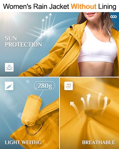 33,000ft Women's Waterproof Long Rain Coats Packable Rain Jacket with Hood - color: Amber Gold, size: Large