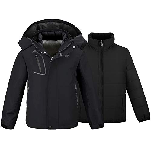 wantdo Boys' 3-in-1 Ski Jacket Fleece-Lined Winter Coat Hooded Raincoat - color: Black, size: 10-12