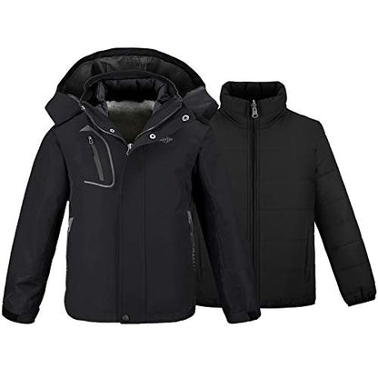 wantdo Boys' 3-in-1 Ski Jacket Fleece-Lined Winter Coat Hooded Raincoat - color: Black, size: 8