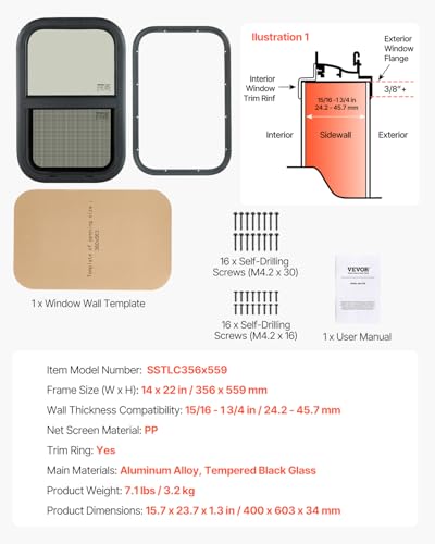 VEVOR Vertical RV Window, 14" W x 22" H, Black Tinted Sliding Window with Net Screen & Trim Ring, Fits 15/16" - 1 3/4" Thickness Wall, DOT Approved for RVs, Trailers, Campers, and Cargo Trailers - size: 14x22in, style: Vertical