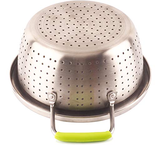 Stainless Steel Deep Colander Micro-perforated 2.5 Quart Metal Food Strainer with Green Silicone Handles for Draining Pasta Cleaning Food like Fruit - color: Green Double Handle 2.5 Quart