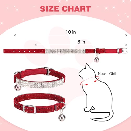 BINGPET Diamond Cat Collar with Bell, Adjustable Soft Velvet Bling Rhinestone Cat Collar, Sparkly Kitten Collar with Safety Elastic & Metal Buckle for Small Medium Cats - color: Red(Rhinestones), size: Neck Girth 8"-10"