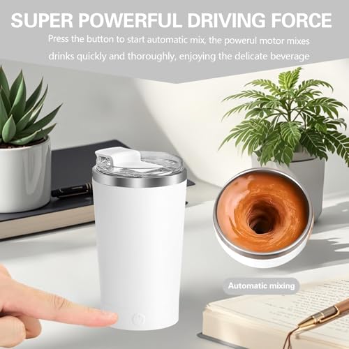 Self Stirring Coffee Mug With Lid, 13.5oz Rechargeable 316 Stainless Steel Detachable Base Auto Mixing Cup, Fast Stirring for Coffee, Milk, Cocoa （White） - color: White