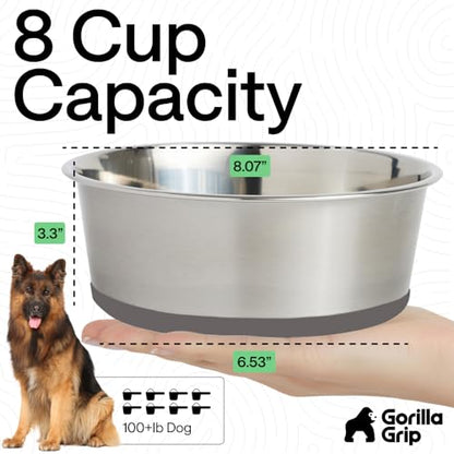 GORILLA GRIP Dog Bowls, Food Grade Stainless Steel, Set of 2, 8 Cup, Gray | 304 Stainless Steel Pet Feeding Bowls Hold 64 fl oz Each, Dishwasher Safe, Rust Resistant, BPA Free Rubber Base - color: Gray, size: 8 Cup (64 Oz)