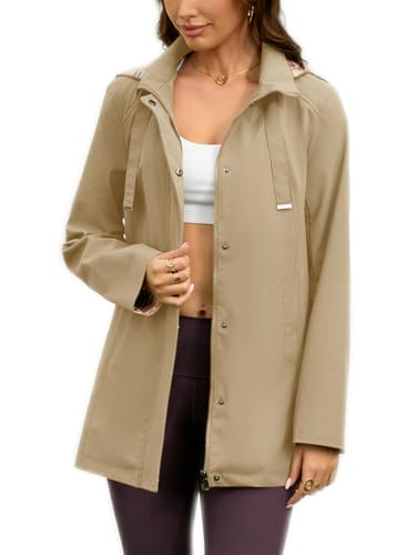 Womens Long Hooded Rain Jacket Waterproof Outdoor Hiking Raincoat Windbreaker Lightweight Trench Coat - color: Sandy, size: Large