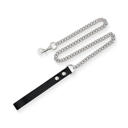 38" Aluminum Chain Leash with Leather Handle for Collar - color: Black&Silver