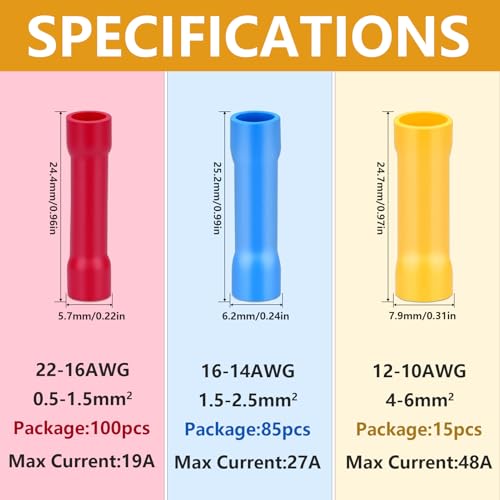Butt Splice Connectors Kit 22-10 AWG Wire Crimp Connector Assortment Electrical Wires Insulated Terminal Straight Crimps Terminals for 22 20 18 16 14 12 10 Gauge Wiring (Pack of 200Pcs)