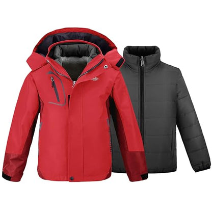 wantdo Boys' 3-in-1 Ski Jacket Fleece-Lined Winter Coat Hooded Raincoat - color: Red, size: 8