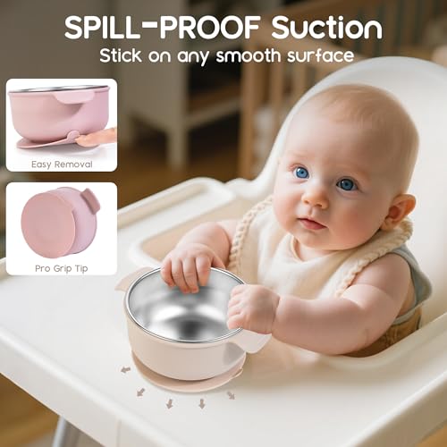 Bella's Friends Life Baby Bowls with Suction Stainless Steel and Silicone, 4.3” for Toddlers Kids Feeding, Non-Slip, Non-Toxic, Mess-Free, Dishwasher Safe, Fit High Chair Size, 3 Pack - color: blue, green, beige