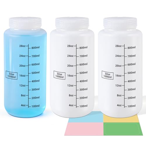 34oz/1000ml Wide Mouth Plastic Bottles with Airtight Lids, Graduated Food Grade Leak Proof PP Containers Jars for Water Sample Lab Reagent Liquid Medicine Storage (Translucent, 3 Pcs) - color: Translucent, size: 34oz(1000ml)