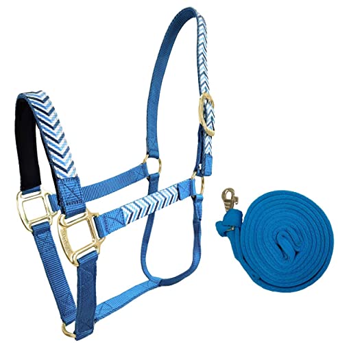 Patterned Nylon Horse Halters with Padded Noseband and Matching 10’ Soft Grip Lead Rope - 6 Month Warranty - color: Blue Aztec on Black Nylon