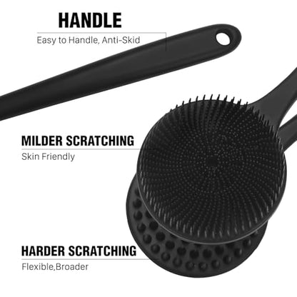 Silicone Body Scrubber for Shower Men Women – Dual-Sided Exfoliating & Massage Shower Brush with Long Handle, Creates Rich Lather, Includes 1 Hook & 2 Lather Balls (Black). - color: Black