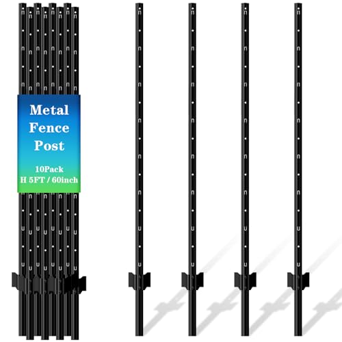10 Pack Metal Fence Post, 5FT Heavy Duty U-Post for Wire Fence, No Dig T Posts Garden Fencing Stakes for Temporary Fencing, Electric Fence Wire, Corner Anchor - size: 5FT-10P
