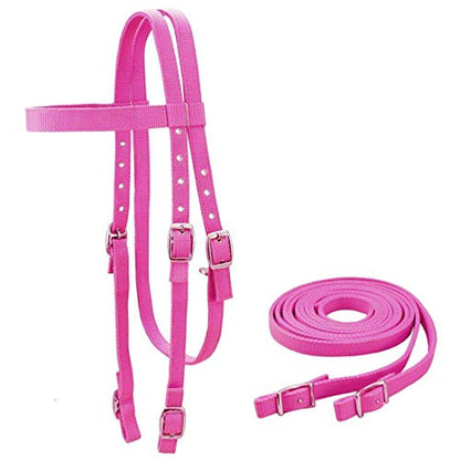 Tahoe Tack Plain Double Layer Nylon Headstall with Reins - color: Pink, size: Full