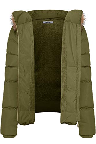 BodiLove Women's Fur Hooded Thickened Jacket with Fleece Lining - color: Olive, size: Small