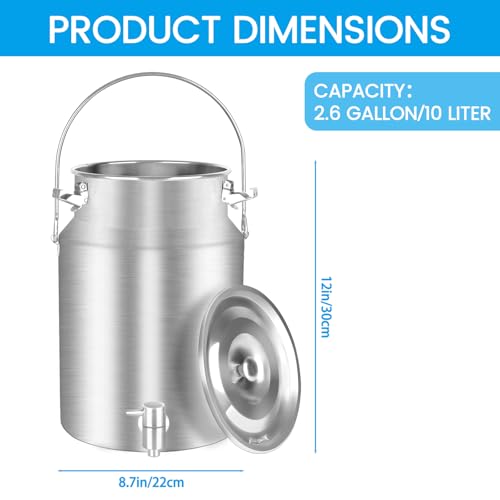 304 Stainless Steel 10 Liter Milk Can Milk Bucket Wine Pail Bucket with Spigot 2.64 Gallon Milk Can Tote Jug with Sealed Lid Heavy Duty for Milk and Wine