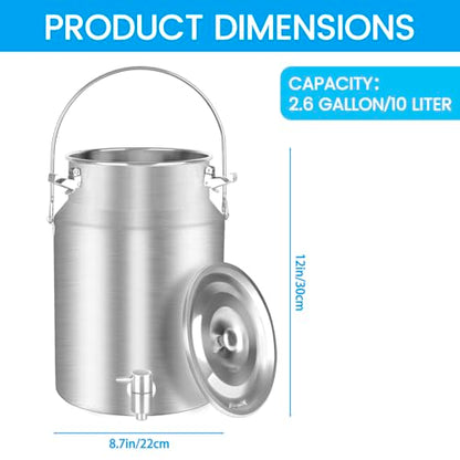 304 Stainless Steel 10 Liter Milk Can Milk Bucket Wine Pail Bucket with Spigot 2.64 Gallon Milk Can Tote Jug with Sealed Lid Heavy Duty for Milk and Wine