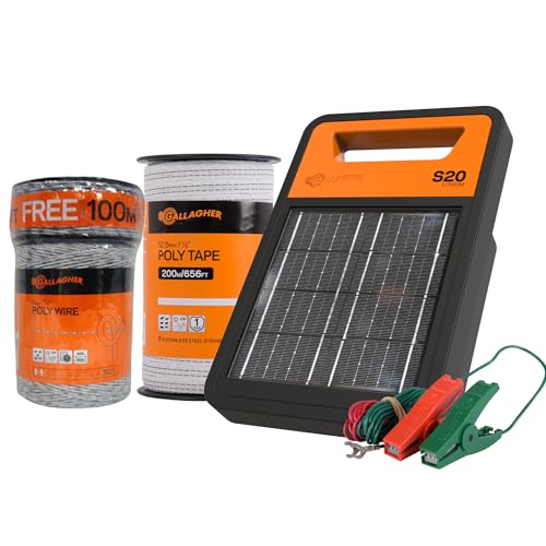 Gallagher S20 Solar Electric Fence Charger with Polywire and Polytape | Complete Electric Fence Kit with High-Visibility Top Strand for Livestock, Gardens, and Predator Control