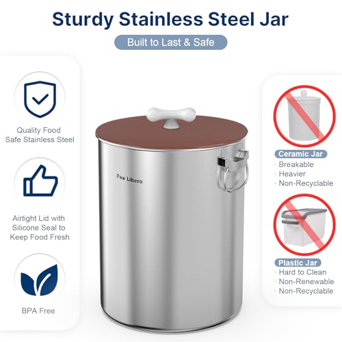 Paw Libero 2PK 25 Lbs Stainless Steel Dog Food Storage Container with Airtight Lid & Ceramic Bone Handle, Large Metal Dog Food Bin for Dogs & Cats, Keep Fresh, Easy to Clean - size: 25 lbs - 2pk