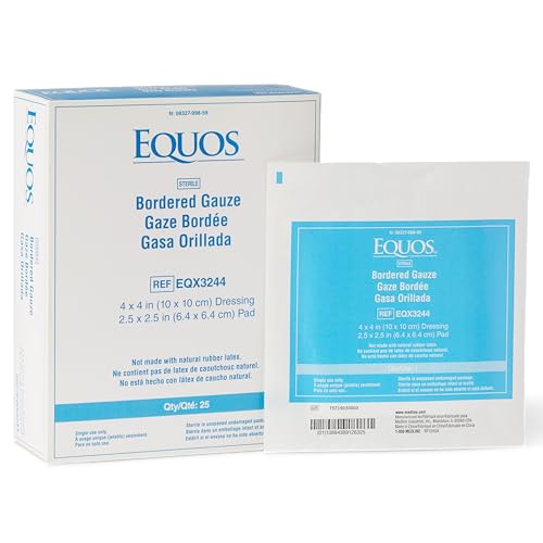 EQUOS Bordered Gauze Island Dressing, 25 Count, 4" x 4" Sterile Individually Wrapped Gauze Pads with Soaker Pad and Non-Woven Backing, Soft and Breathable Wound Dressing for First Aid and Medical