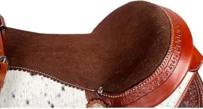 Western Barrel Saddle Set Brown Genuine Leather Hair On Cowhide Hand Tooled Horse Saddle with Headstall, Breast Collar & Reins for Trail Riding, Rodeo, Ranch & Pleasure, 8-17 Inch - size: 18 inch