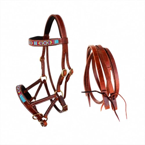 CHALLENGER Horse Western Black Leather Beaded Bitless Padded Sidepull Bridle w/Reins 77RS15 - color: Tan/Beaded