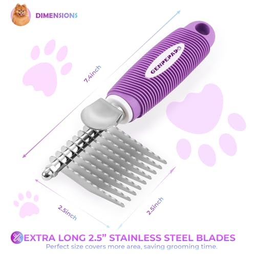 GENPEPADO Dematting Undercoat Rake Comb for Dogs & Cats with Long 2.5-In Stainless Steel Safety Blades for Removing Knots, Mats & Tangles - Pet Grooming Deshedding Brush Tool with Anti-Slip Grip