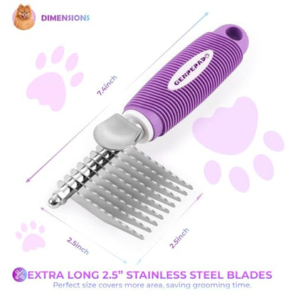 GENPEPADO Dematting Undercoat Rake Comb for Dogs & Cats with Long 2.5-In Stainless Steel Safety Blades for Removing Knots, Mats & Tangles - Pet Grooming Deshedding Brush Tool with Anti-Slip Grip
