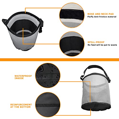 Horse Feed Bag, Nylon Mesh Grain Horse Feed Bucket (Grey 2P) | with Adjustable Strap Comfortable Neck Pad Nose Pad and Waterproof Bottom - color: Grey
