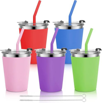 Stainless Steel Kids Cups with Lids, 5 Pack 12oz Spill Proof Cups - color: Red, Blue, Pink. Purple, Green