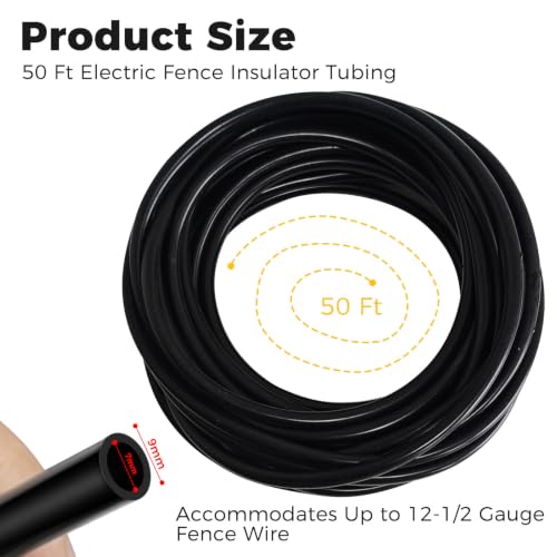 50 FT Electric Fence Insulator Tubing, Fence Wire Insulation Tube for Up to 12.5 Gauge Wire, Flexible PE Fence Insulator Cover for Corner Posts, End Posts, Gates, T-Posts and Wood Posts, Black