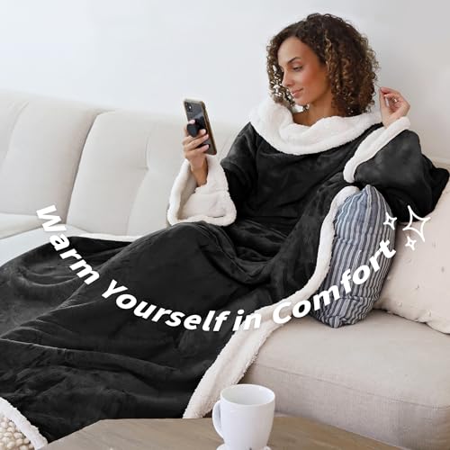Catalonia Sherpa Wearable Blanket with Sleeves and Pocket for Adults - color: Black, size: Standard Pocket