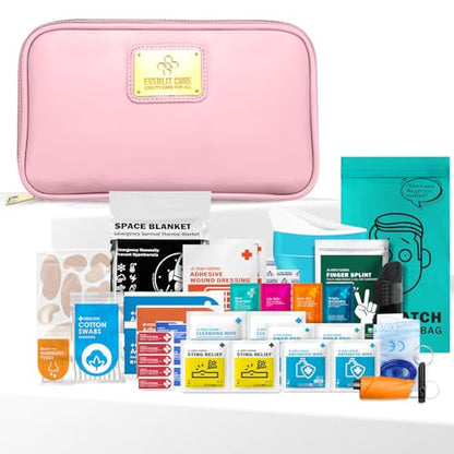 EVERLIT CARE Car First Aid Kit with Emergency Supplies Survival Gear Including Window Breaker Disposable Urine Bag Mountable Survival Kit for Family Travel in Car (Pink) - color: Pink